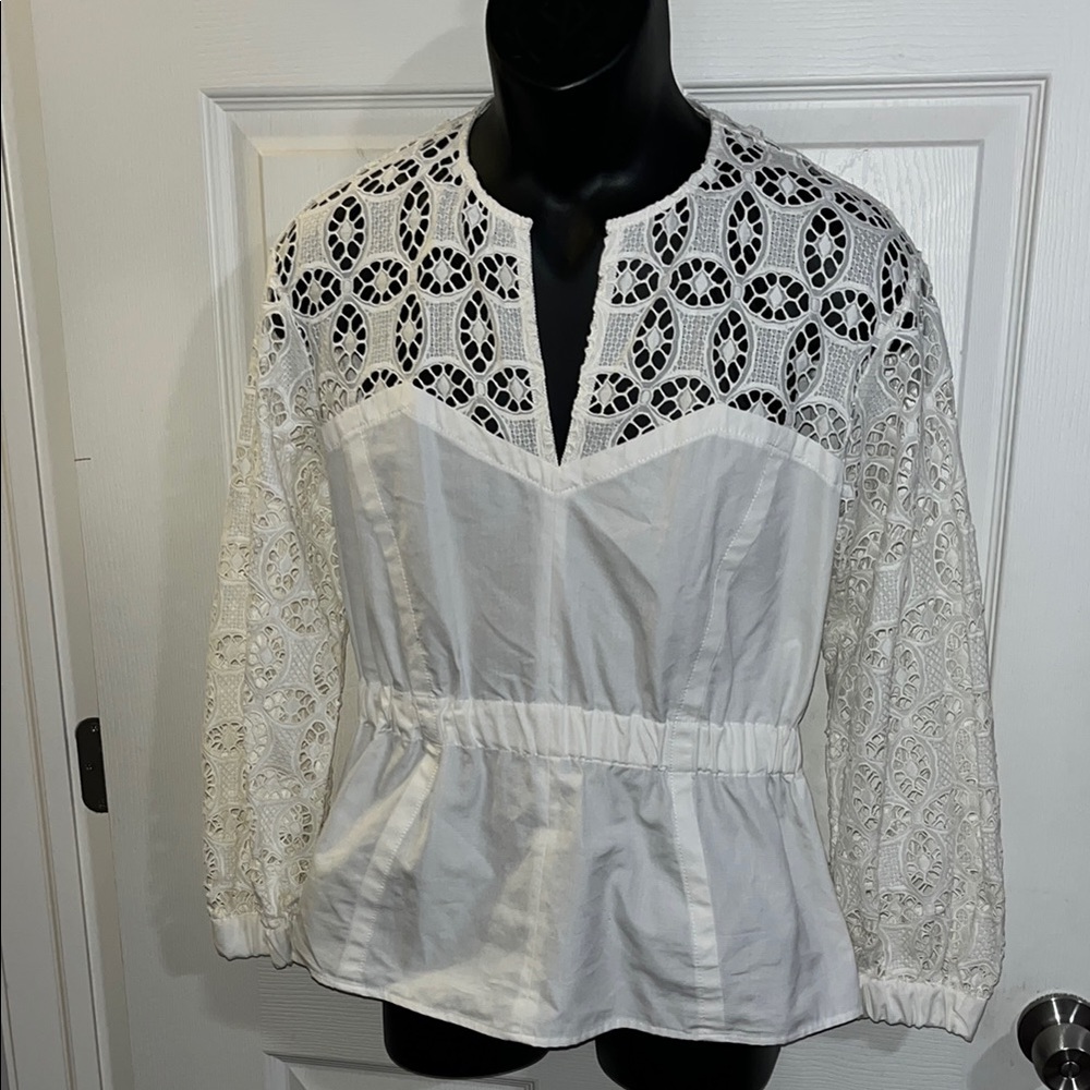 Sandro Paris White Lace V-Neck Bell Sleeve Blouse